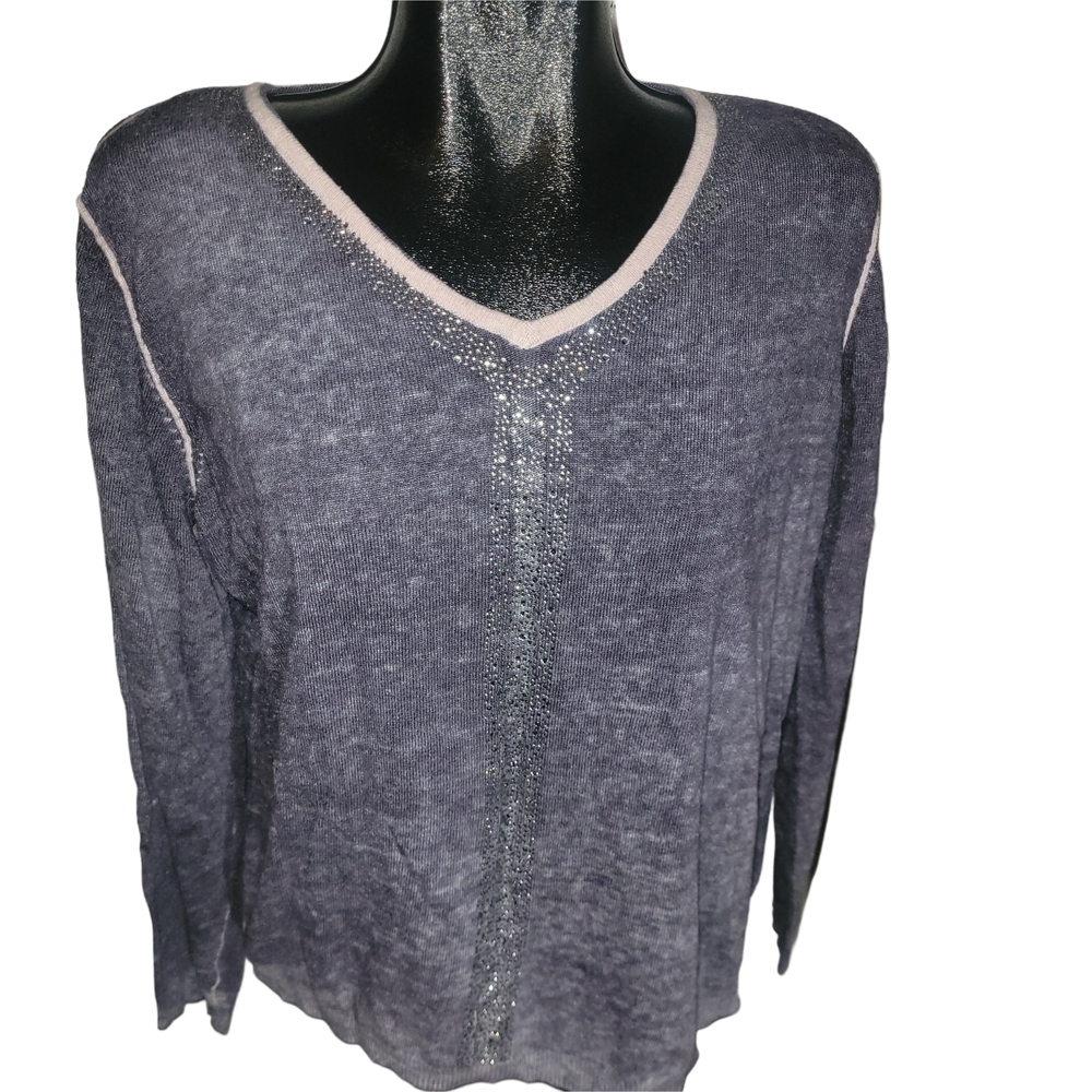 Parkhurst Bluish Grey V-Neck Sweater with Pink Trim and Rhinestone Details XL